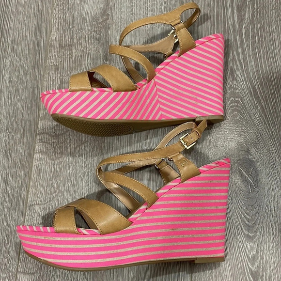 New Tommy Hilfiger Justina Wedge Sandal Ambra & Hot Fuchsia Stripe 10M - Picture 12 of 16